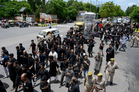 NOIDA, INDIA - JULY 29: Shiite Muslim devotees participate in a mourning procession marking the Day of Ashura, at sector 22, on July 29, 2023 in Noida, India. Ashura mourns the death of Imam Hussein, a grandson of the Prophet Muhammed, who was killed by aのeditorial素材