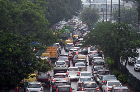 NEW DELHI, INDIA - JULY 9: A massive traffic jam seen at Aurobindo Marg, near green park during a...