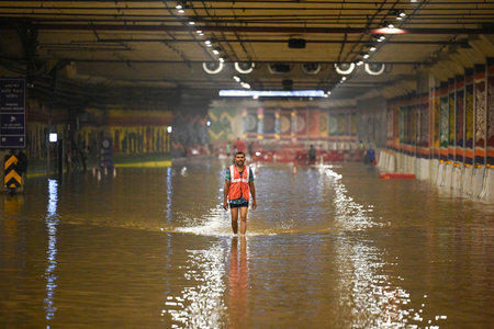 NEW DELHI, INDIA - JULY 11: A view of the water logged inside Pragati Maidan Tunnel after Rains which has been closed for vehicular movement on July 11, 2023 in New Delhi, India. Several parts of northwest India witnessed a heavy spell of rain breaking a のeditorial素材