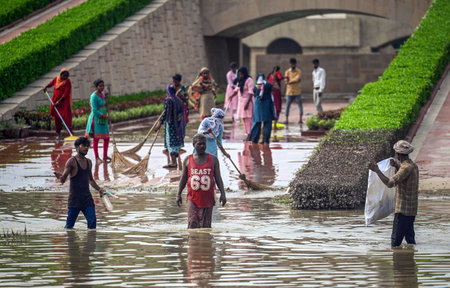 NEW DELHI, INDIA - JULY 19: A view of ongoing work to pump out flooded water from Rajghat on July...
