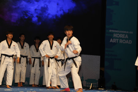 NEW DELHI INDIA MAY 23 2023 Students of Daekyung University s Taekwondo Department perform during the Indo Korean culture and camaraderie at Kamani Auditorium Mandi House on May 23 2023 in New Delhi India Dressed in colorful attires Korean and Indian artiのeditorial素材