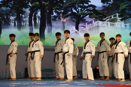 NEW DELHI INDIA MAY 23 2023 Students of Daekyung University s Taekwondo Department perform during the Indo Korean culture and camaraderie at Kamani Auditorium Mandi House on May 23 2023 in New Delhi India Dressed in colorful attires Korean and Indian artiのeditorial素材