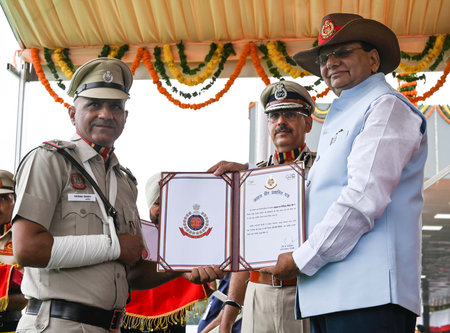 NEW DELHI INDIA JULY 1 2023 Delhi Police ASI Vikram Singh facilitated for his bravery by Vinai Kumar...