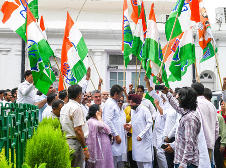 NEW DELHI INDIA JUNE 7 2023 DPCC president Anil Chaudhary with party workers raise slogans in support of Rahul Gandhi at AICC headquarters after Gujarat High Court dismissed Gandhis plea seeking a stay on his conviction in a criminal defamation case over のeditorial素材
