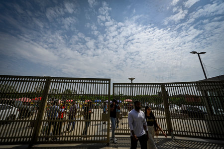 NEW DELHI INDIA JUNE 17 2023 People out in summer day on a cloudy afternoon near Pragti Maiden on June 17 2023 in New Delhi India The India Meteorological Department had predicted light rain with gusty winds in Delhi NCR on Thursday According to the weathのeditorial素材