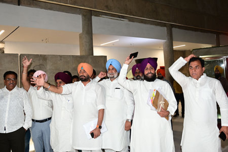 CHANDIGARH INDIA JUNE 20 2023 Leader of Opposition Partap Singh Bajwa along with other MLAâs of Congress Walkout from the Vidhan sabha session proceeding during the Extended special session of Punjab Vidhan sabha on June 20 2023 in Chandigarh India Photのeditorial素材