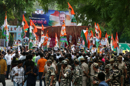 NEW DELHI INDIA JUNE 19 2023 Indian Youth Congress party members and workers lead Bharat Jodo Yatra on the occasion of Rahul Gandhiâs 53rd birthday at IYC Office on June 19 2023 in New Delhi India To mark the 53rd Birthday of Congress party leader Rahulのeditorial素材