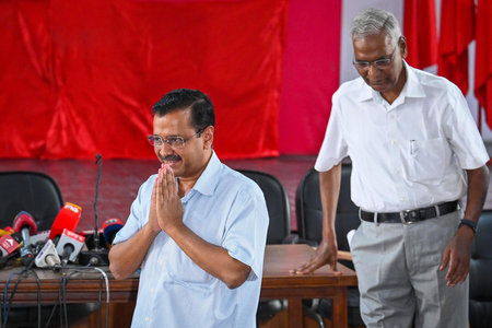 NEW DELHI INDIA JUNE 14 2023 Arvind Kejriwal Chief Minister of Delhi along with D Raja leader of Communist Party of India addressing a press conference after their meeting over seeking support against Delhi s ordinance in Parliament at CPI s Headquarters のeditorial素材