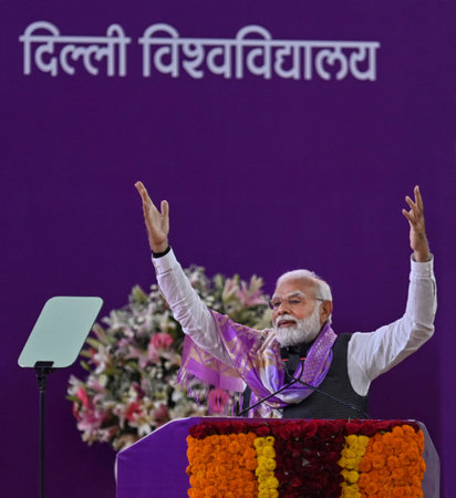 NEW DELHI INDIA JUNE 30 2023 Prime Minister Narendra Modi addresses during the valedictory ceremony of the centenary celebrations of Delhi University on June 30 2023 in New Delhi India Photo by Raj K Raj Hindustan Timesのeditorial素材
