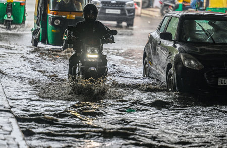 NEW DELHI INDIA JULY 8 2023 Commuters moves through a water logged street after heavy rains lashes out the city at Pandav Nagar Underpass on July 8 2023 in New Delhi India Delhi NCR was drenched with heavy rain on the intervening night of Friday and Saturのeditorial素材