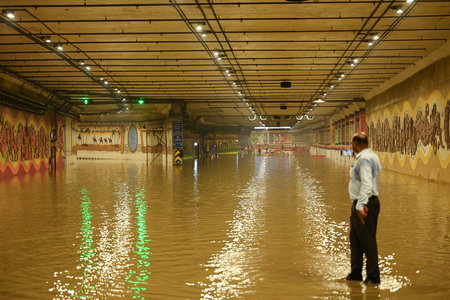 NEW DELHI INDIA JULY 11 2023 A view of the water logged inside Pragati Maidan Tunnel after Rains which has been closed for vehicular movement on July 11 2023 in New Delhi India Several parts of northwest India witnessed a heavy spell of rain breaking a 40のeditorial素材