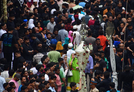 MUMBAI INDIA JULY 29 2023 Shia Muslims participate in a Muharram procession near JJ Hospital on July...