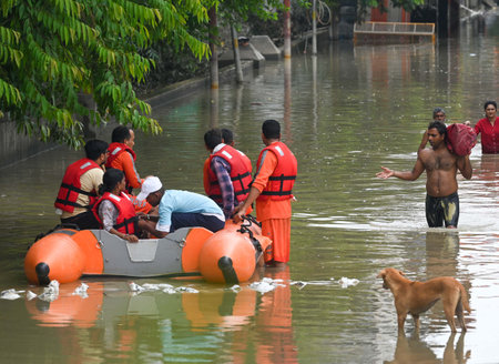 NEW DELHI INDIA JULY 16 2023 NDRF rescue team at Yamuna Bazar Area near Nigam Bodh Ghat area on July 16 2023 in New Delhi India The water level of the river has been rising since Wednesday after it breached an all time high mark in more than 45 years Authのeditorial素材
