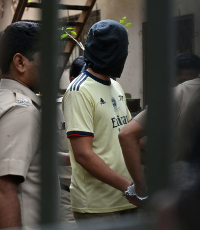 MUMBAI, INDIA - AUGUST 1: Chetan Singh accused for killing four people including his superior onboard the Jaipur-Mumbai Central Superfast Express on Monday taken from lock up to the Magistrate court at Borivali on August 1, 2023 in Mumbai, India. Singh waのeditorial素材