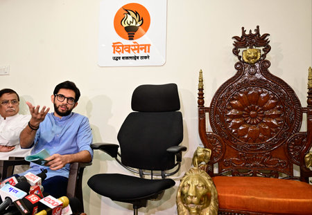MUMBAI, INDIA - AUGUST 7: Shiv Sena (UBT) leader Aditya Thackeray ineracts with media during the press conference at Matoshree, Bandra on August 7, 2023 in Mumbai, India. (Photo by Anshuman Poyrekar/Hindustan Times)のeditorial素材