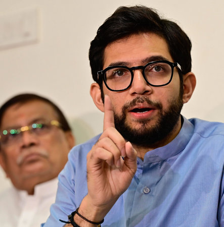 MUMBAI, INDIA - AUGUST 7: Shiv Sena (UBT) leader Aditya Thackeray ineracts with media during the...