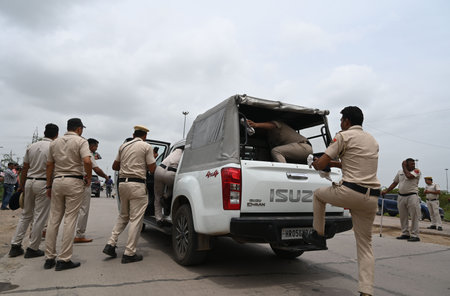 GURUGRAM, INDIA - AUGUST 8: Haryana police personnel deployed at Sohna-Nuh road near Rojka Meo wake...