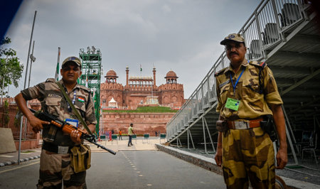 NEW DELHI, INDIA â AUGUST 12: Paramilitary Security personnel stand guard near Red Fort ahead of the Independence Day celebration, on August 12, 2023 in New Delhi, India. (Photo by Raj K Raj/Hindustan Times)のeditorial素材