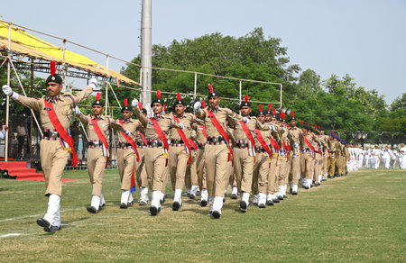 GURUGRAM, INDIA â€“ AUGUST 13: Haryana Police personnel march past during the full dress...