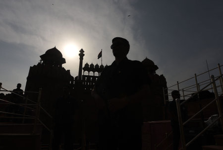NEW DELHI, INDIA â€“ AUGUST 13: Indian Security persons alert and checking during full dress...