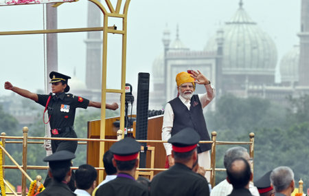 NEW DELHI, INDIA â€“ AUGUST 15: Prime Minister Narendra Modi waves before his address to the...