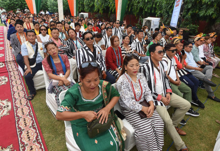 NEW DELHI, INDIA - AUGUST 14:  Tribals chiefs (sarpanchs) of  around 200 border villages  of Himachal Pradesh, Uttarakhand, Sikkim and Arunachal Pradesh besides UT of Ladakh which are under Vibrant Villages Program by Minister of Tribal Affairs , Arjun Muのeditorial素材