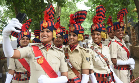 PATNA, INDIA â€“ AUGUST 13: Bihar police personnel march past during full dress rehearsal for...