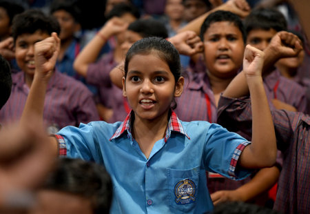 NOIDA, INDIA - AUGUST 23:  School students watching the live telecast of Chandrayaan-3 landing on the Moon at Sector 20 Brahmananda Public School on August 23, 2023 in Noida, India.  The Chandrayaan-3 lander module has successfully touched down on the Mooのeditorial素材