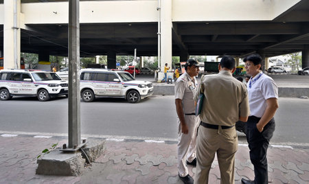 NEW DELHI, INDIA â AUGUST 27: Forensic experts team investigating the site of pro-Khalistan slogans written on the wall (removed) at Paschim Vihar West Metro Station, on August 27, 2023 in New Delhi, India. A fortnight before the national Capital hosts のeditorial素材