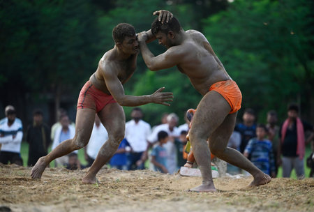 LUCKNOW, INDIA - AUGUST 30: Wrestlers showing their skills in traditional wrestling organized on the occasion of Raksha Bandhan at Sadar on August 30, 2023 in Lucknow, Inida. (Photo by Deepak Gupta/Hindustan Times)のeditorial素材