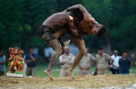 LUCKNOW, INDIA - AUGUST 30: Wrestlers showing their skills in traditional wrestling organized on the occasion of Raksha Bandhan at Sadar on August 30, 2023 in Lucknow, Inida. (Photo by Deepak Gupta/Hindustan Times)のeditorial素材
