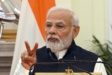 NEW DELHI INDIA JUNE 1 2023 Prime Minister Narendra Modi speaks during a joint press statement with Prime Minister of Nepal Pushpa Kamal Dahal Prachanda unseen after their meeting at the Hyderabad House on June 1 2023 in New Delhi India India and Nepal onのeditorial素材