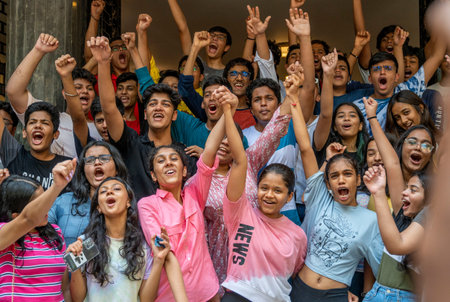 MUMBAI INDIA JUNE 2 2023 Balmohan School students celebrate their success with topper Sanjana Mulgaonkar who secured 97 60% after the SSC Board Exam results were declared at Dadar on June 2 2023 in Mumbai India This year a total of 15 29 096 students appeのeditorial素材