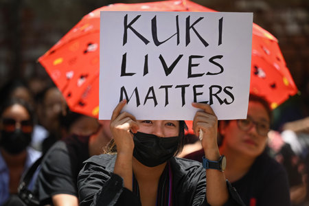NEW DELHI INDIA JUNE 7 2023 Women from the Kuki Tribe community held banners seeking justice for the...