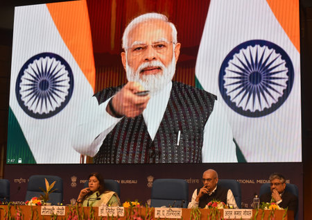 NEW DELHI INDIA JUNE 13 2023 Prime minister of India Narendra Modi address and lunching by Video...