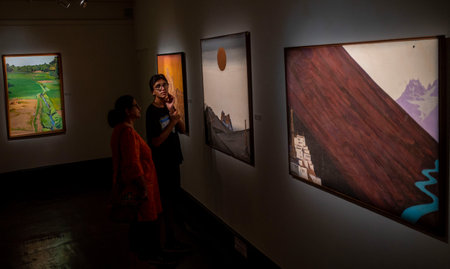 MUMBAI INDIA JUNE 16 2023 People visit during an exhibition of selected works of art from the famed Air India collection Maharaja s Treasure at National Gallery of Modern Art Fort on June 16 2023 in Mumbai India The inimitable exhibition has been curated のeditorial素材