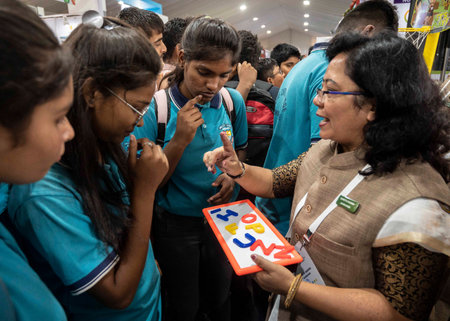 PUNE INDIA JUNE 17 2023 Students visit G20 exhibition that showcases best practices in the fields of...