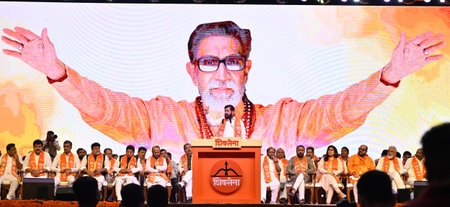 MUMBAI INDIA JUNE 19 2023 Maharashtra CM Eknath Shinde addresses a rally during the Shiv Sena 57th...