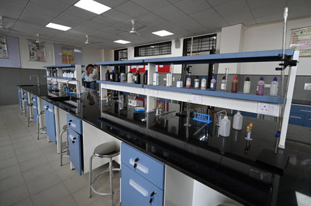 NEW DELHI INDIA JUNE 26 2023 A view inside the Chemistry Lab of a newly constructed School by Delhi Government at Sarvodaya Co Ed School Libaspur on June 26 2023 in New Delhi India Photo by Sanchit Khanna Hindustan Timesのeditorial素材