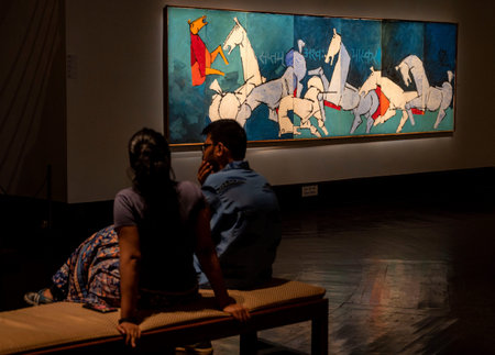 MUMBAI INDIA JUNE 16 2023 People visit during an exhibition of selected works of art from the famed Air India collection Maharaja s Treasure at National Gallery of Modern Art Fort on June 16 2023 in Mumbai India The inimitable exhibition has been curated のeditorial素材