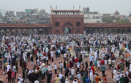 NEW DELHI INDIA JUNE 29 2023 Muslims offer namaz at historic Jama Masjid on the occasion of Eid al Adha in Old Delhi on June 29 2023 in New Delhi India Eid ul Adha also known as Bakra Eid Bakrid Eid al Adha Eid Qurban or Qurban Bayarami is Islamic festivaのeditorial素材