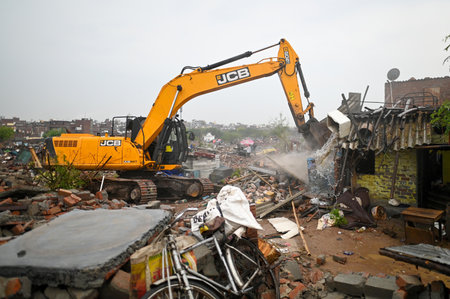 NEW DELHI INDIA MAY 1 2023 ASI and the district administration demolish illegal constructions near Tughlaqabad Fort on May 1 2023 in New Delhi India Photo by Sanchit Khanna Hindustan Timesのeditorial素材