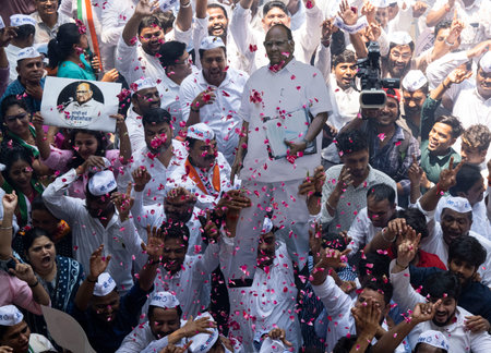 MUMBAI INDIA MAY 5 2023 NCP party workers celebrate outside NCP Party Office at Ballard Estate on...
