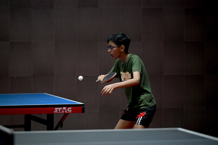 NOIDA INDIA MAY 7 2023 Participants seen at the final match of Gautam Buddh Nagar district level table tennis tournament at Noida Stadium on May 7 2023 in Noida India Photo by Sunil Ghosh Hindustan Timesのeditorial素材