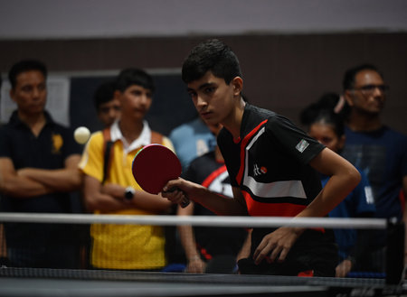 NOIDA INDIA MAY 7 2023 Participants seen at the final match of Gautam Buddh Nagar district level table tennis tournament at Noida Stadium on May 7 2023 in Noida India Photo by Sunil Ghosh Hindustan Timesのeditorial素材