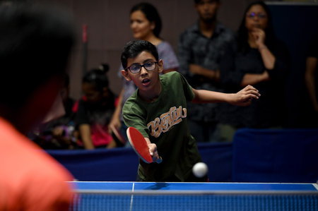 NOIDA INDIA MAY 7 2023 Participants seen at the final match of Gautam Buddh Nagar district level table tennis tournament at Noida Stadium on May 7 2023 in Noida India Photo by Sunil Ghosh Hindustan Timesのeditorial素材