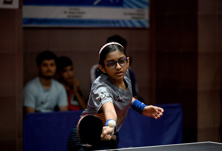 NOIDA INDIA MAY 7 2023 Participants seen at the final match of Gautam Buddh Nagar district level table tennis tournament at Noida Stadium on May 7 2023 in Noida India Photo by Sunil Ghosh Hindustan Timesのeditorial素材