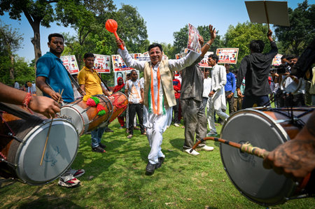 NEW DELHI INDIA MAY 13 2023 Congress supporters celebrates the win of Congress Party in Karnataka...