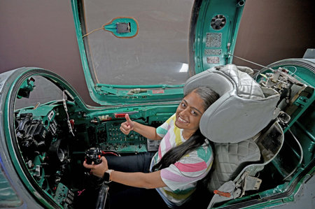CHANDIGARH INDIA MAY 10 2023 A youngster experienced the Cockpit of MIG 21 at the Indian Air Force Heritage Museum at sector 18 on May 10 2023 in Chandigarh India The first of its kind Indian Air Force Heritage Museum was envisaged at Sector 18 in the heaのeditorial素材