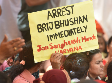 NEW DELHI INDIA MAY 14 2023 Supporters during the protest against Wrestling Federation of India WFI president Brij Bhushan Sharan Singh at Jantar Mantar on May 14 2023 in New Delhi India Photo by Sonu Mehta Hindustan Timesのeditorial素材